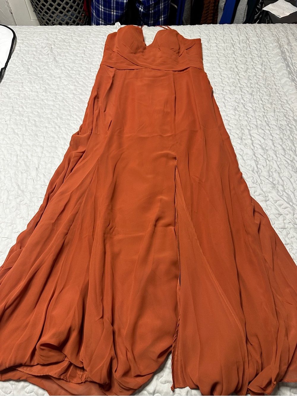 Azazie Strapless Maxi Dress in Rust Orange